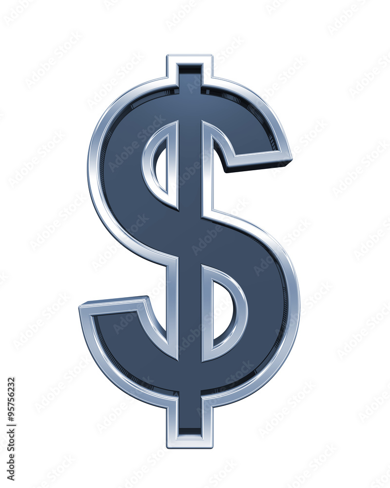 Fototapete dollar sign from grey glass with chrome frame alphabet set, isolated on white. computer generated 3d