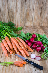 bunch of fresh carrots and radishes in an old wooden table
