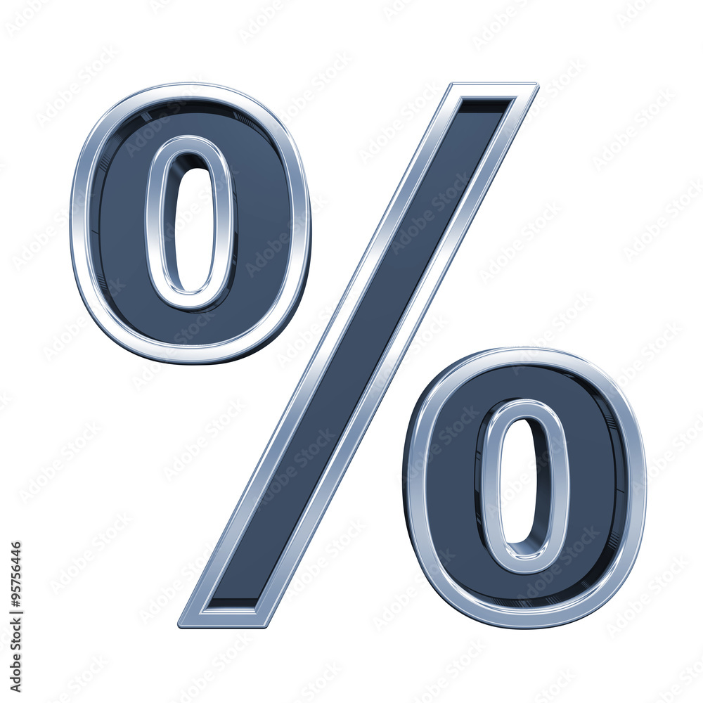 Fototapete percent sign from grey glass with chrome frame alphabet set, isolated on white. computer generated 3