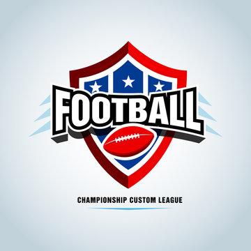 American football logo template, badge, t-shirt, label, emblem. Red, blue, black color version. Vector illustration.