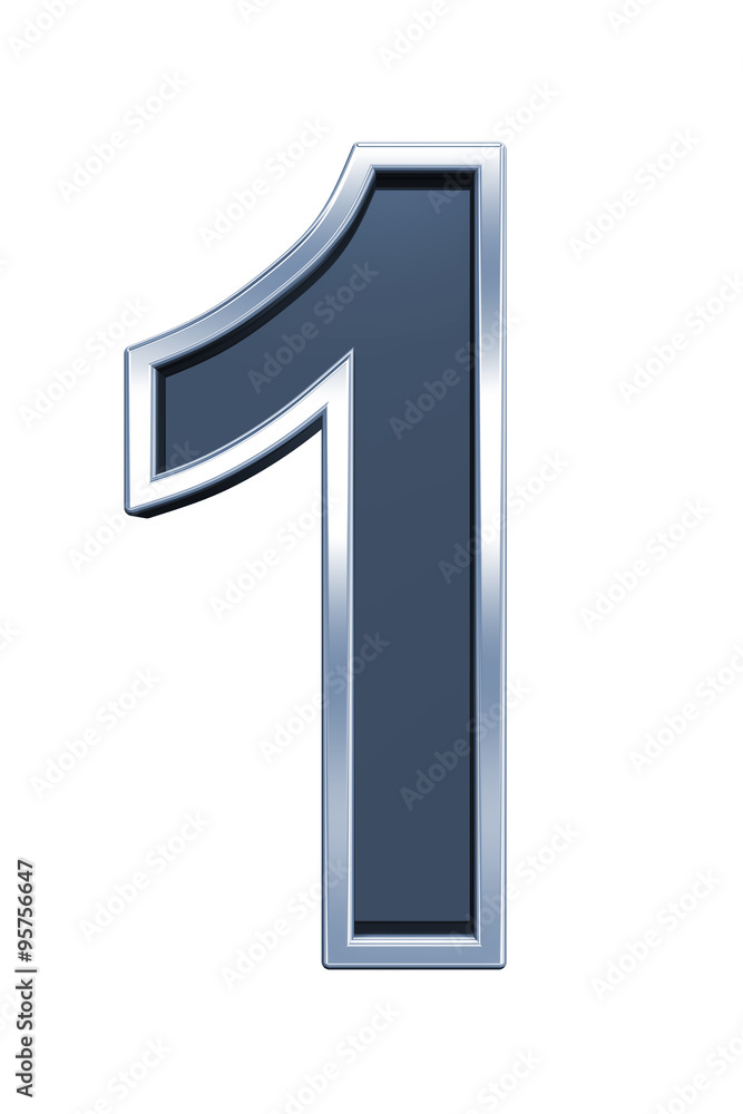 Fototapete one digit from grey glass with chrome frame alphabet set, isolated on white. computer generated 3d p
