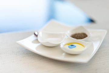 Tasty breakfast: set of three small plates.