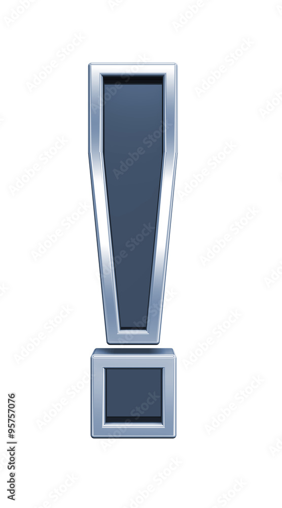 Fototapete Exclamation mark sign from grey glass with chrome frame alphabet set, isolated on white. Computer generated 3D photo rendering.