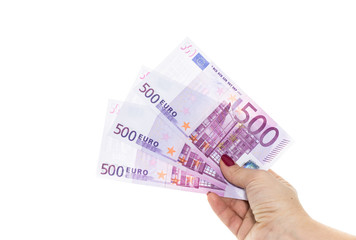 euro bills 500 euro banknotes. hand holding money. European Union Currency