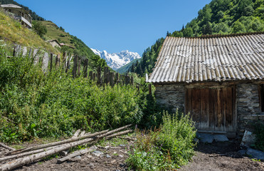 Fototapeta na wymiar small village next to road from Mestia to villages community called Ushguli in Upper Svanetia region, Georgia