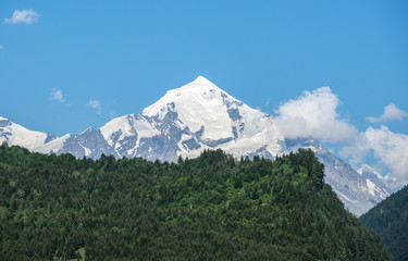 Tetnuldi peak seen from Mestia town in Upper Svanetia region, Georgia