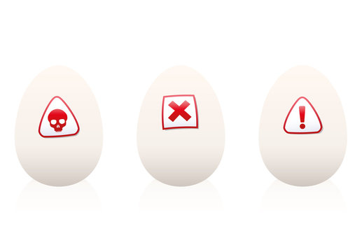 Eggs with danger symbols on it - warning against unhealthy food or nutrition. Isolated vector illustration on white background.