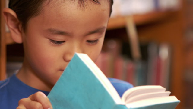 Cute asian child reading a book