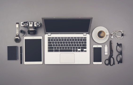Top view office hipster style mockup desk. Responsive template.