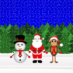 Santa Claus, snowman and Christmas monkey in the forest