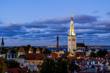 Fototapeta premium View of the St. Olaf Cathedral in old Tallinn at sunset . Eston