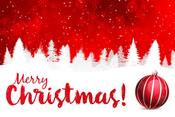 Merry Christmas! Red Background with White Snow Silhouette and Ornament - 95763878