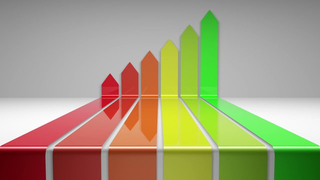 Animated Arrow Chart Rising Colorful. concept animated arrows turn the corner and chart a rising positive return. business chart. good return. 2 separate speeds. fast and slow
