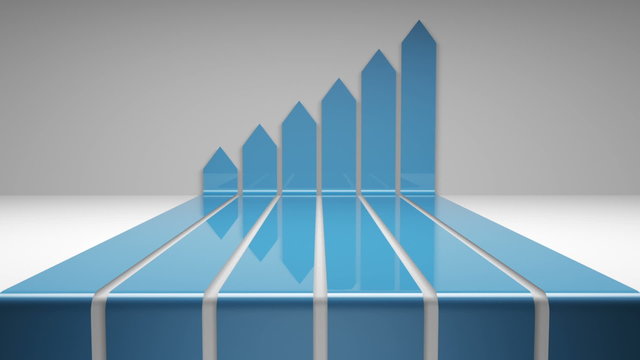 Animated Arrow Chart Rising Blue. concept animated arrows turn the corner and chart a rising positive return. business chart. good return. 2 separate speeds. fast and slow

