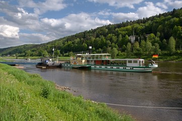 Canyon river Elbe and ferry in Kurort Rathen, Saxon Switzerland, Germany