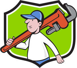 Plumber Holding Monkey Wrench Crest Cartoon