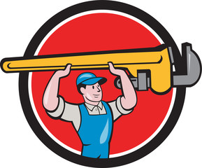 Plumber Lifting Monkey Wrench Circle Cartoon