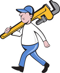 Plumber Holding Monkey Wrench Isolated Cartoon