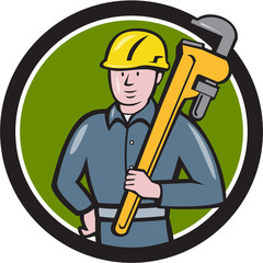 Plumber Holding Wrench Circle Cartoon