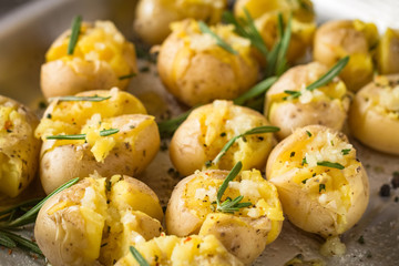 Rosemary roasted potatoes with garlic and sea salt on baking tray, close up. Cooked side dish for Thanksgiving table