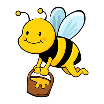 Honney Bee Collecting Honey in Wooden Bucket