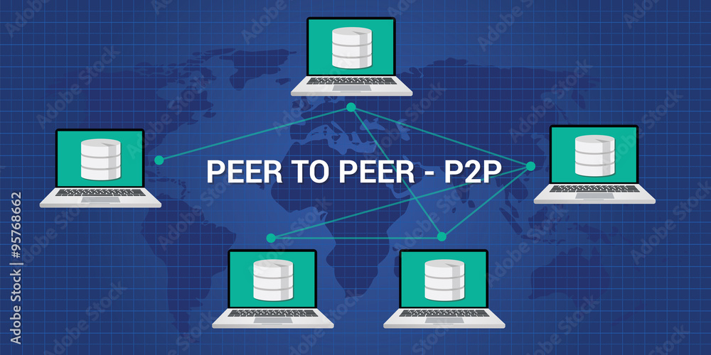 Poster p2p peer to peer concept architecture with notebook network illustration