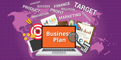 business plan concept with notebook graph, goals, and chart data analysis