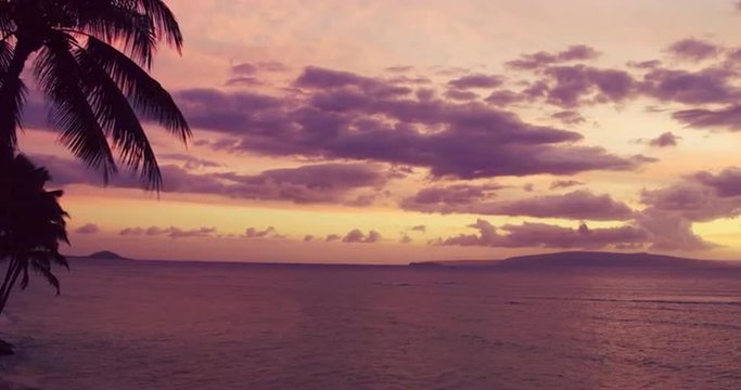 Dramatic Sunset Aerial View Over Hawiian Islands and Pacific Ocean