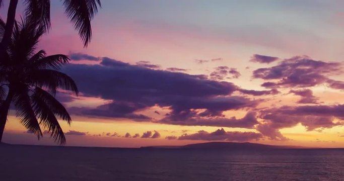 Aerial Sunset View in Hawaii. Palm Trees and Tropical Islands.