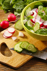 Fresh vegetable salad on table close up