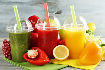 Fresh juice mix fruit, healthy drinks on wooden table background