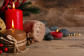 Christmas decorations on wooden background
