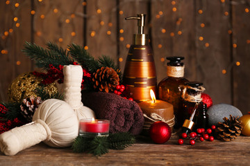 Christmas decorations on wall with lights background