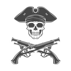 Evil captain skull in cocked hat vector. Jolly Roger logo template. death t-shirt design. Pistol insignia concept