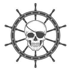Jolly Roger with eyepatch logo template. Evil skull vector. Dark t-shirt design. Pirate insignia concept