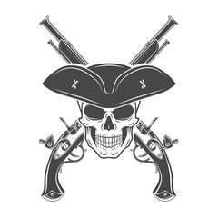 Evil captain skull in cocked hat vector template. Jolly Roger logo template. death crest design. Pistol icon concept
