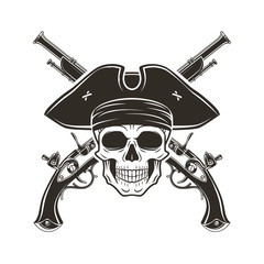 Jolly Roger skull in cocked hat vector. Evil captain logo template. death t-shirt design. Pistol insignia concept