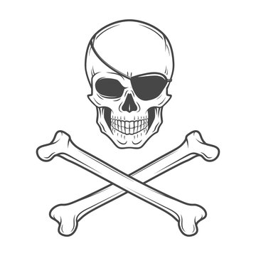 Jolly Roger with eyepatch and crossbones logo template. Evil skull vector. Dark t-shirt design. Pirate insignia concept