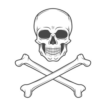 Human evil skull vector. Jolly Roger with crossbones logo template. death t-shirt design. Pirate insignia concept. Poison icon illustration