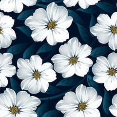 White floral seamless pattern with blue leaves