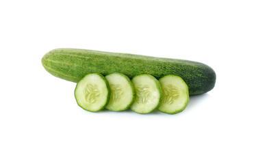 whole and sliced fresh cucumber on white background