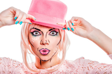 Girl in a pink hat in a pop art style.