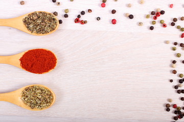 Spices on wooden spoon on table, copy space for text