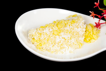 Thai dessert kanom Tua Pab ,Mung Bean rice-crepe ,coconut, sesam