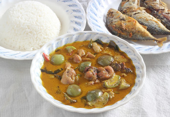 Thai cuisine, Green chicken Curry and Cooked rice with fried Mackerel