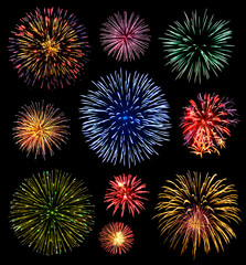 Collage of a variety of colorful fireworks isolated on black background