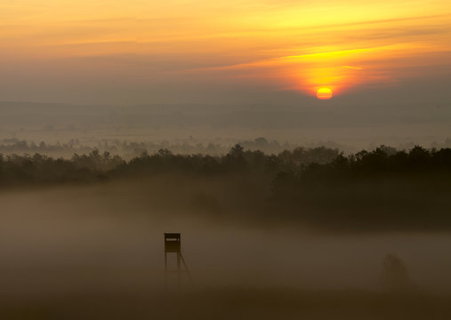 Wieża myśliwska we mgle o wschodzie słońca
