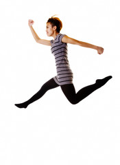 Fototapeta na wymiar Skinny Asian American Woman Jumping In Knit Dress