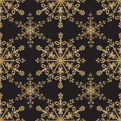 Reach christmas seamless background with hand-drawn realistic snowflake, golden color on black.