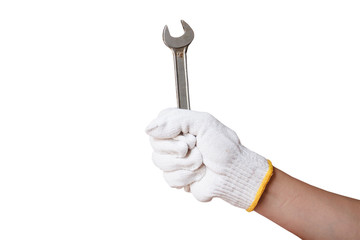 hand holding wrench isolated on white background